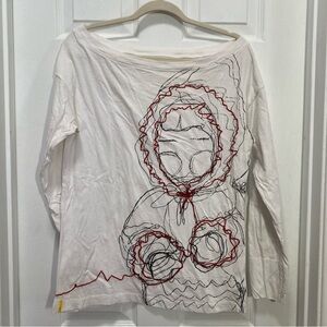 Lole Women’s Large Embroidered Christmas Long Sleeve Shirt Organic Cotton White